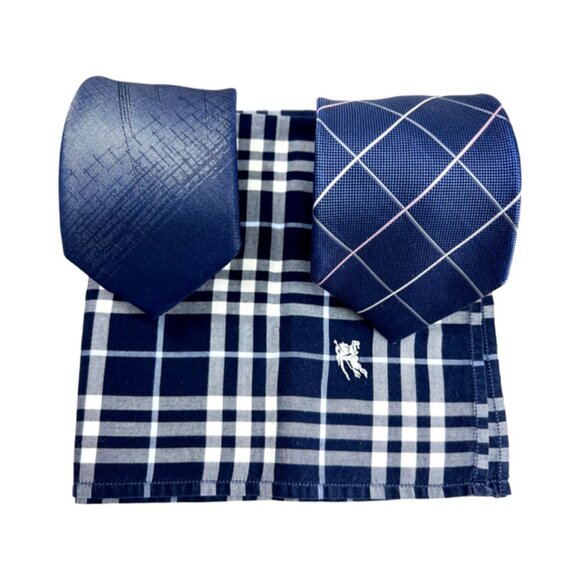 Set: 2 Neckties Burberry Blue  & El  Groco  Italy +1 Burberry  Handkerchief (54 - Picture 1 of 15
